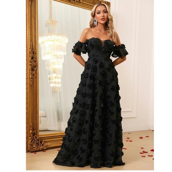 Faeriety Dresses & Skirts - Faeriety Elegant Formal Off Shoulder Black 3D Flower Formal Dress, size 1XL